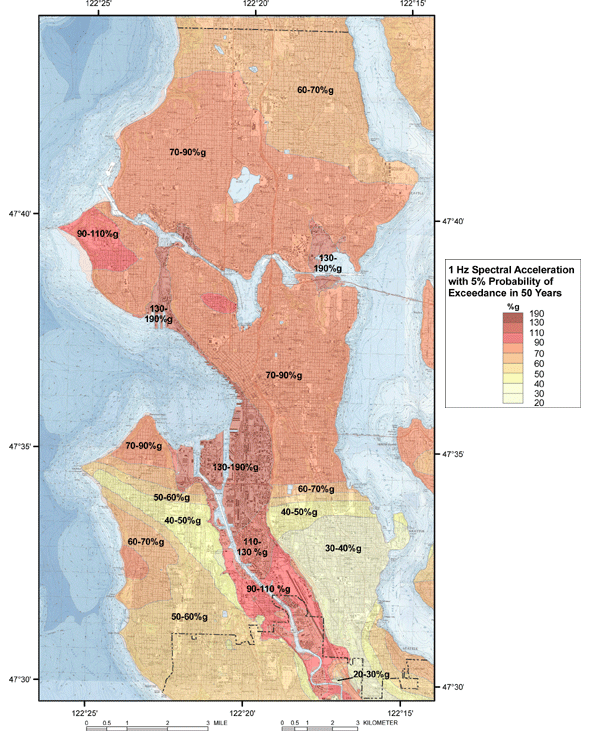 A US Geological Survey seismic hazard map for the city of Seattle.